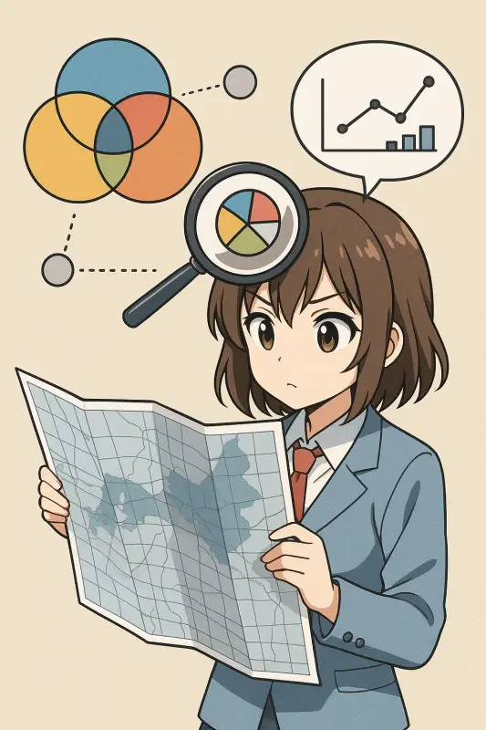 Master Triangulation Social Research Secrets 2025 2 An animated character in a business suit examines a map while holding a magnifying glass. Above, there are visual elements like a pie chart and a graph, symbolizing data analysis and research.image for triangulation social research method