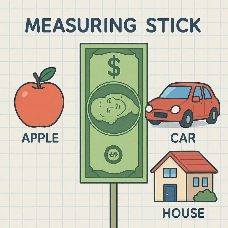 A simple infographic showing money acting as a measuring stick, with various products(apple, car, house) being measured against dollar bills to demonstrate the unit of accountfunction