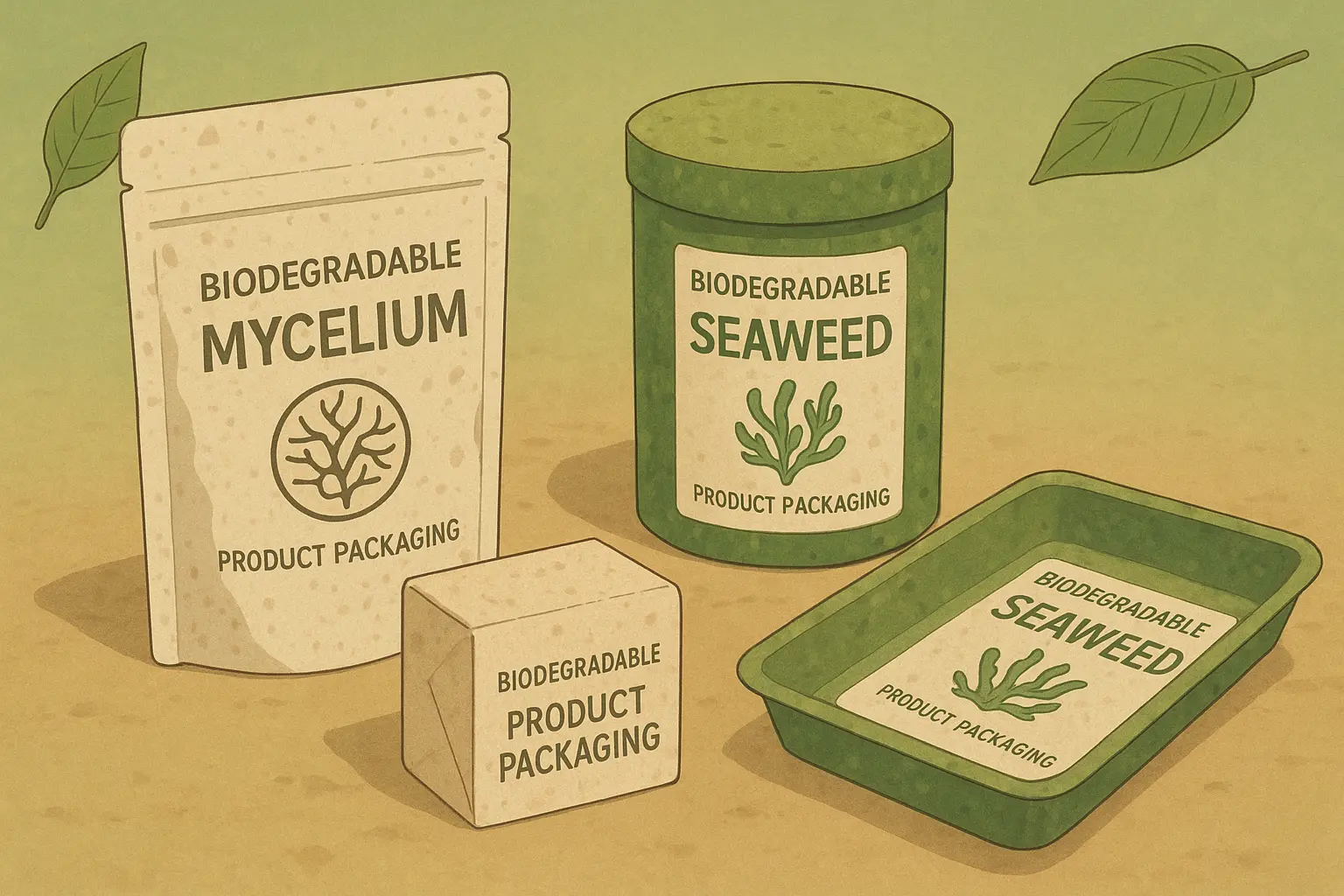 Perfect Biodegradable Product Packaging Design 2025 2 Biodegradable product packaging design samples made from mycelium and seaweed materials displayed on eco-friendly background