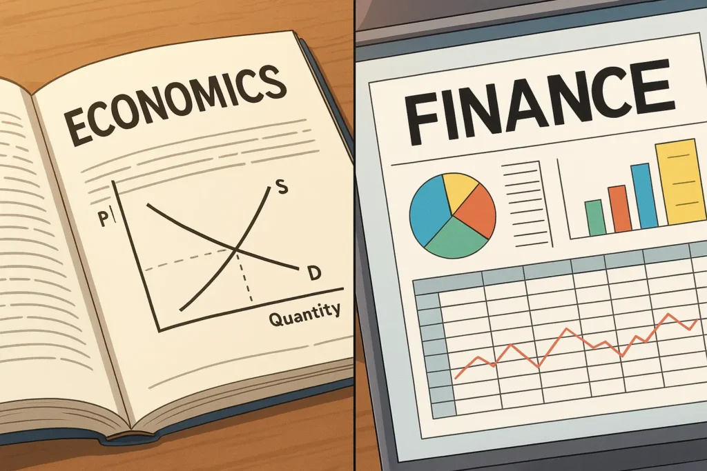 A split image showing an economics textbook with a graph and a finance spreadsheet with charts, symbolizing the difference between an economics degree and a finance degree.
